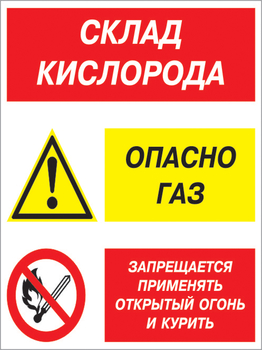 Кз 14 Склад кислорода. опасно газ - запрещается применять открытый огонь и курить. (пленка, 400х600 мм) - Знаки безопасности - Комбинированные знаки безопасности - Магазин охраны труда Протекторшоп